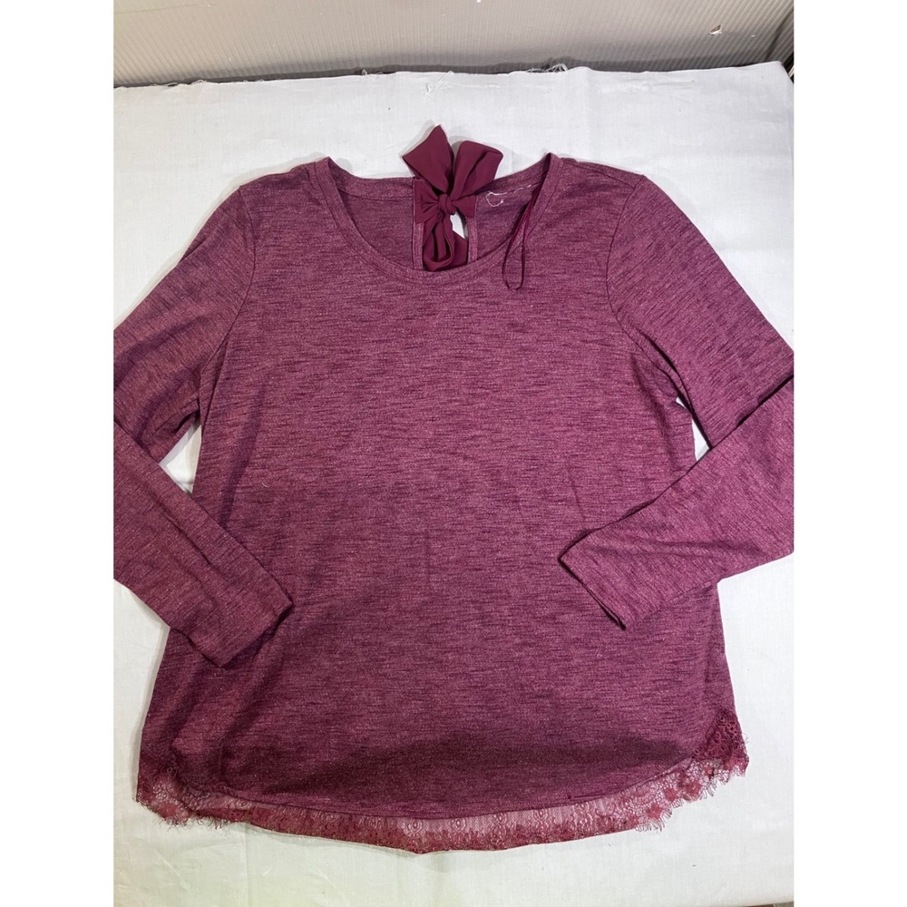 Burgundy Heathered Knit Long Sleeve Top Lace Hem Back Bow‎ Detail Womens Large